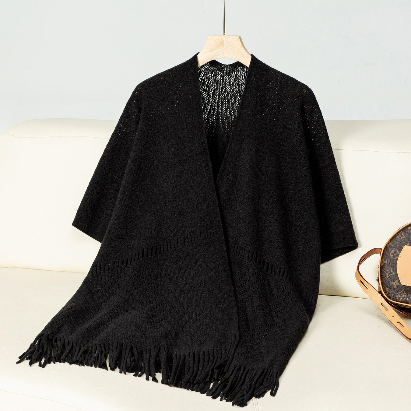Women's Solid Color Knitted Tassel Cape Shawl Casual Women's Sweater
