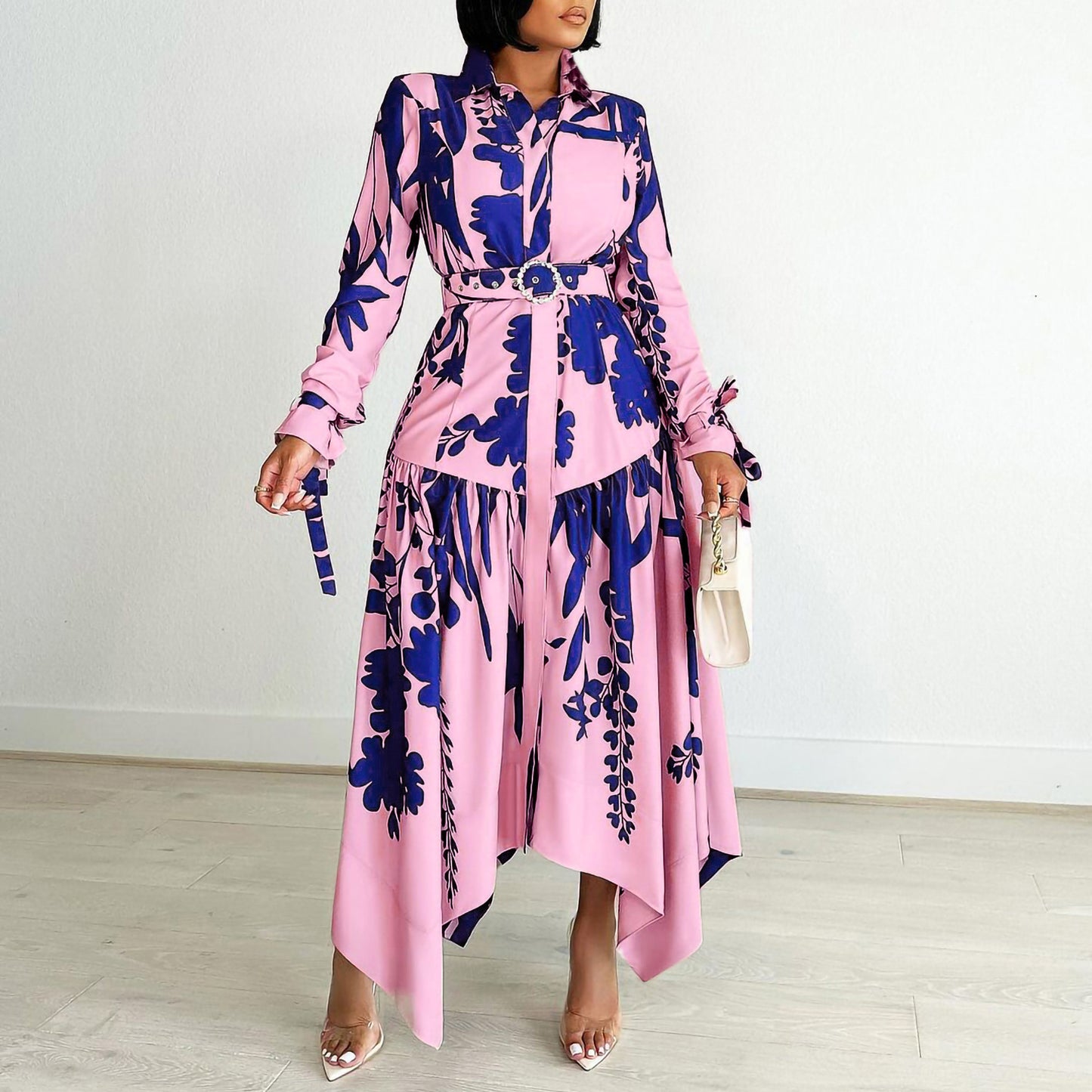 Women's Temperament Printed Irregular Lapel Dress Dresses
