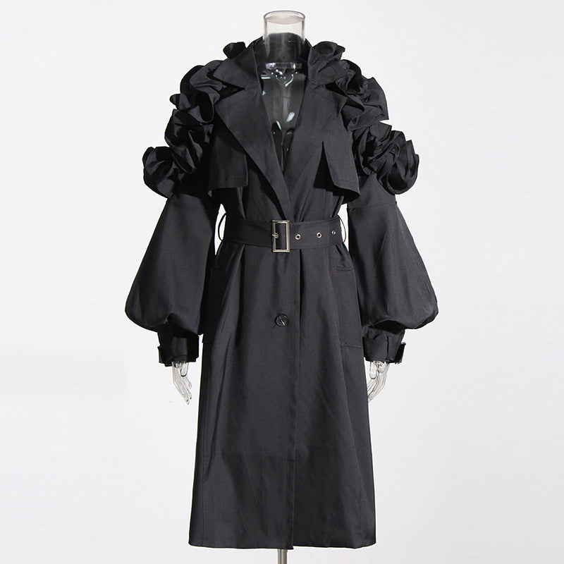Women's Elegant Mid-length Trench Autumn Lapel Long Sleeve Ruffled Coats