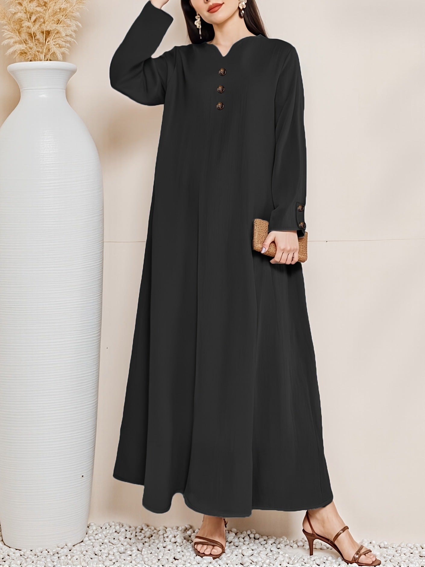 Women's Casual Woven Fake Button Design Loose Dress