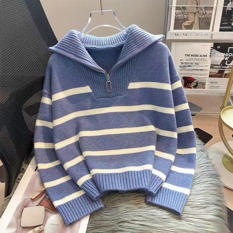 Contrast Color Striped Loose Idle Korean Style Pullover Urban Half Women's Sweater
