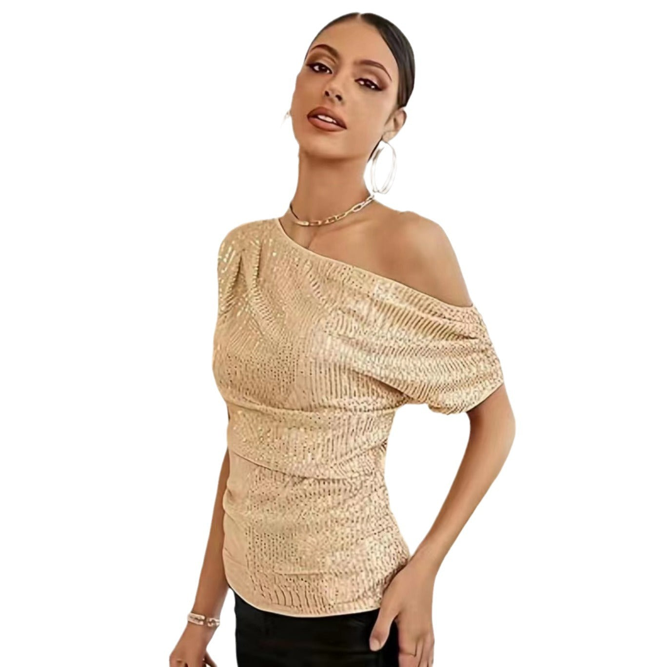 Women's Glitter Sequin Diagonal Collar Sleeve Summer Blouses