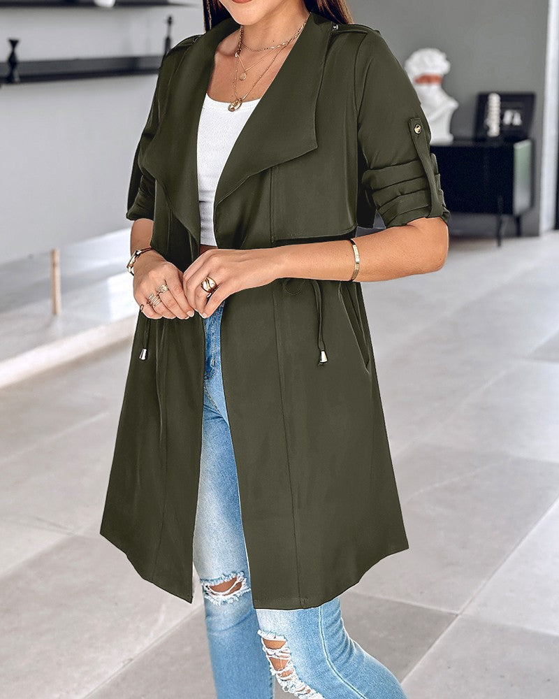 Women's Loose Solid Color Rolled Sleeves Mid-length Coats