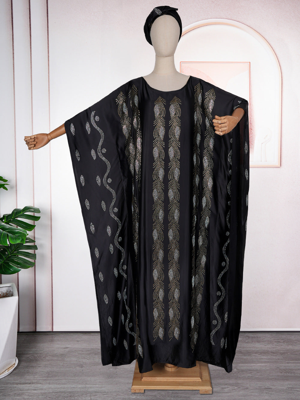 Women's African Wear Dress Rhinestone Silk Satin Batwing Sleeve Long Dresses