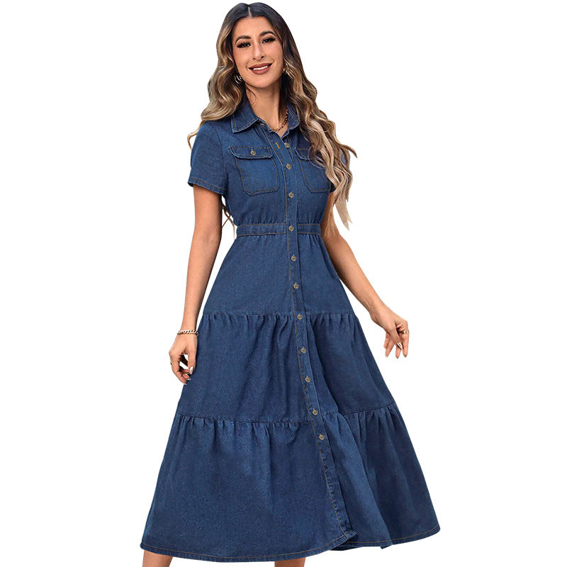 Women's Denim Lapel Sleeve Long Dress Source Dresses
