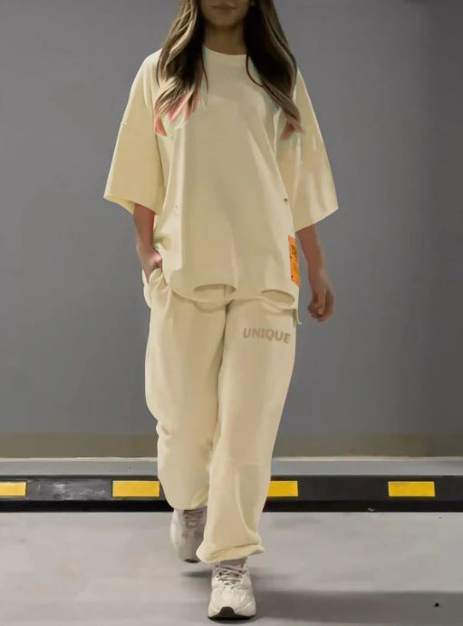 Women's Loose Crew Neck T-shirt Two-piece Set Suits