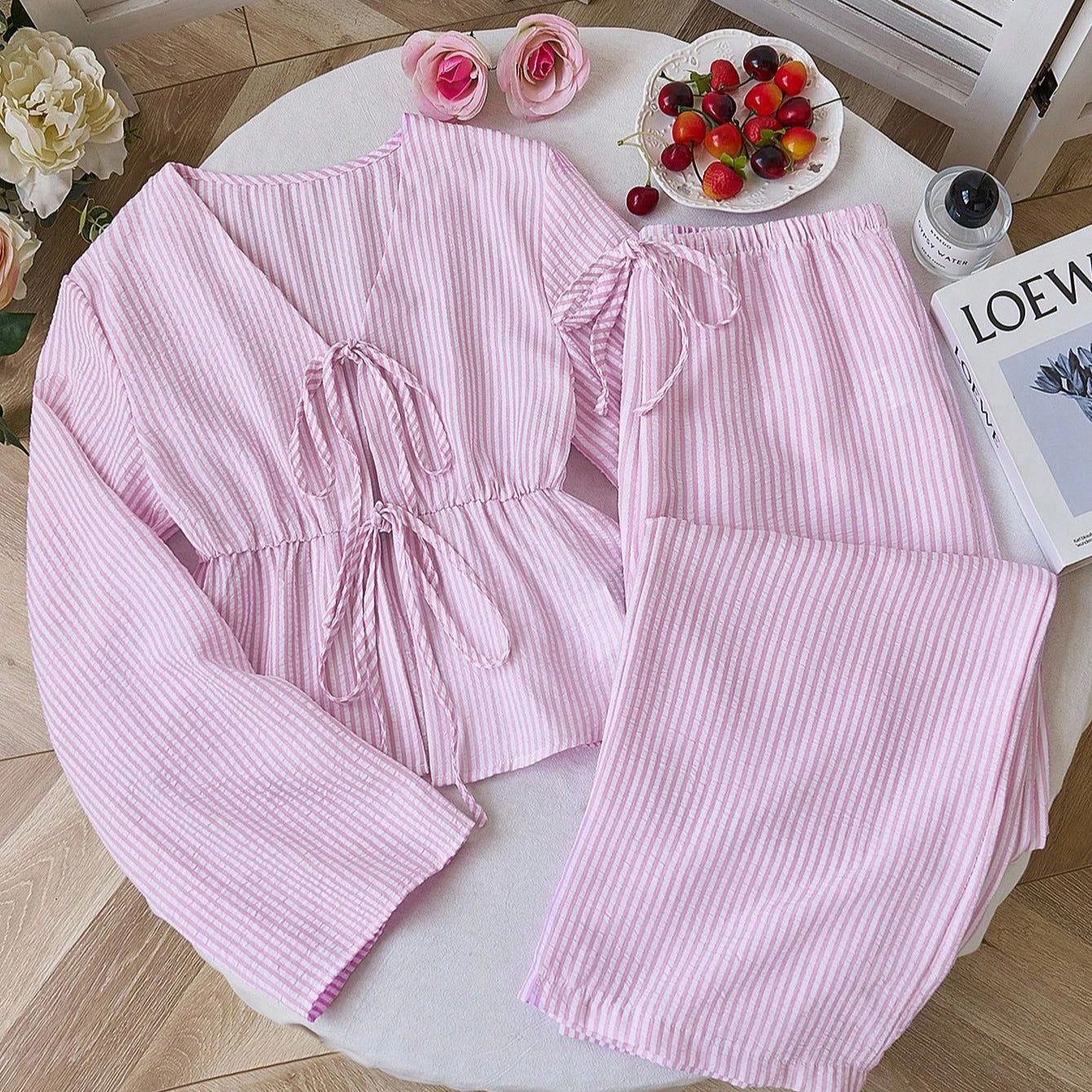 High-grade Striped Loose Two-piece Versatile Long Sleeve Suits