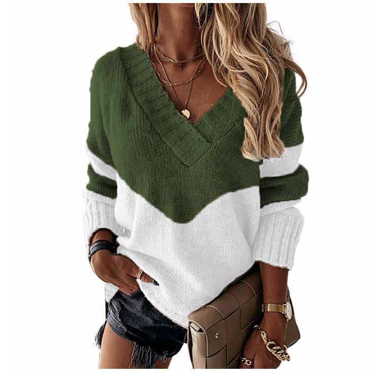 Collar Pullover Color Matching Striped Leopard Tops