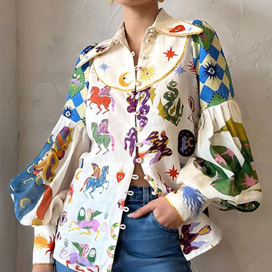 Women's Loose Iti Printing Lapel Lantern Sleeve Blouses