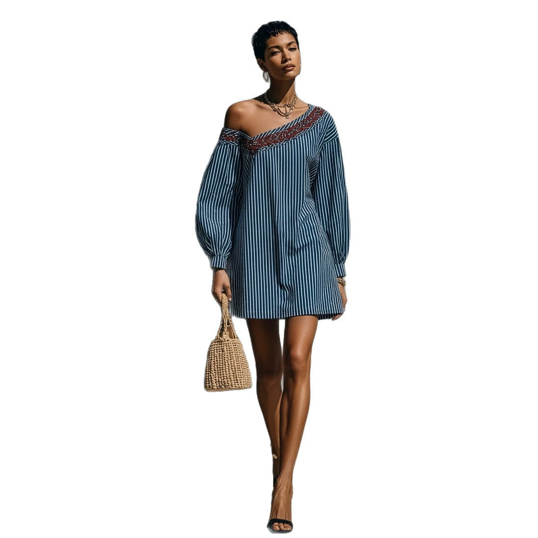 Women's Striped Long Sleeve Embroidered Minimalist Mini Dress