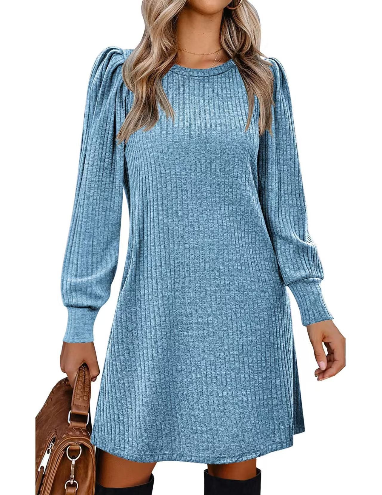 Women's Knitted Emerized Solid Color Round Neck Puff Dress