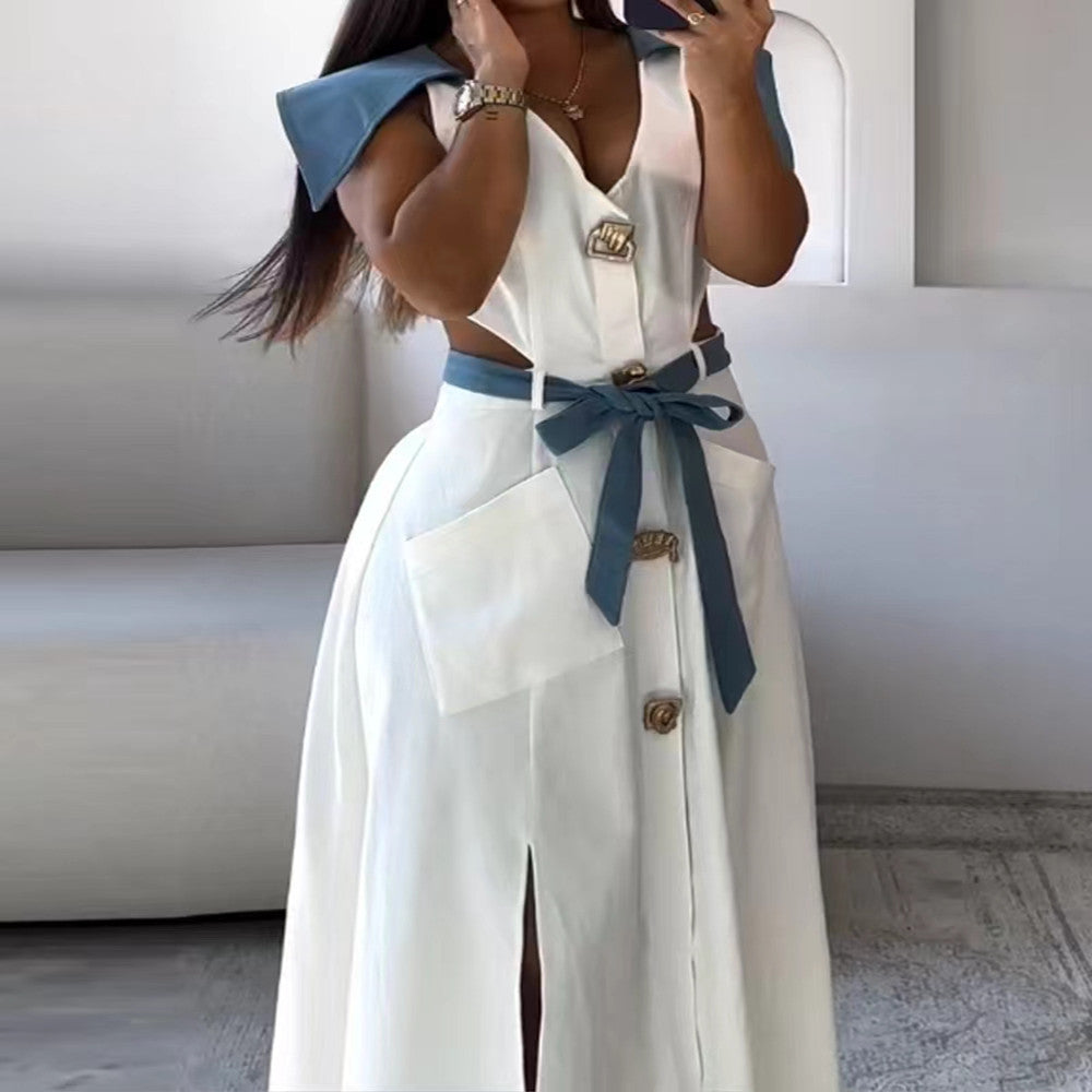 Summer Lapel Split Solid Color Belt Dress