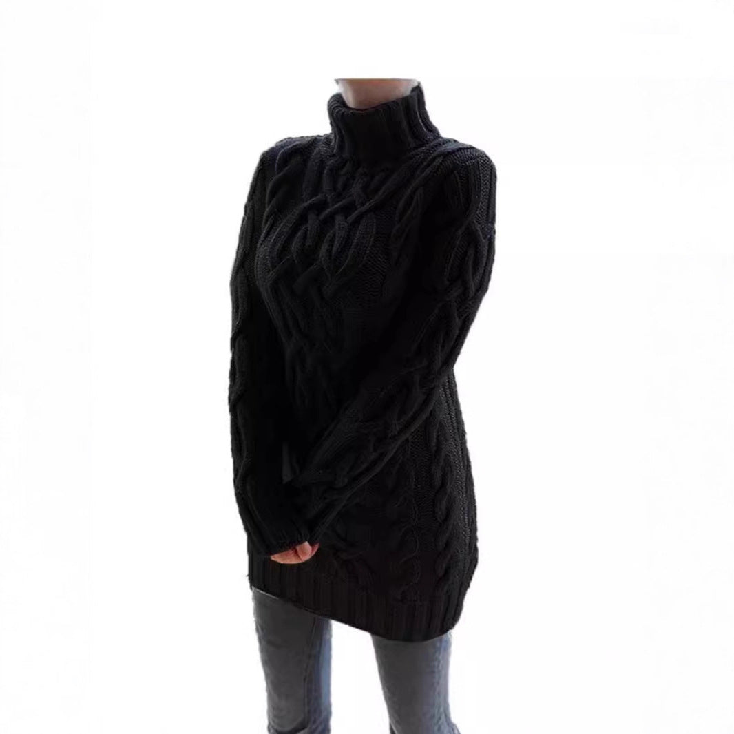 Long Sleeve Slim Knit Dress Solid Color High Neck Thickened Sweater