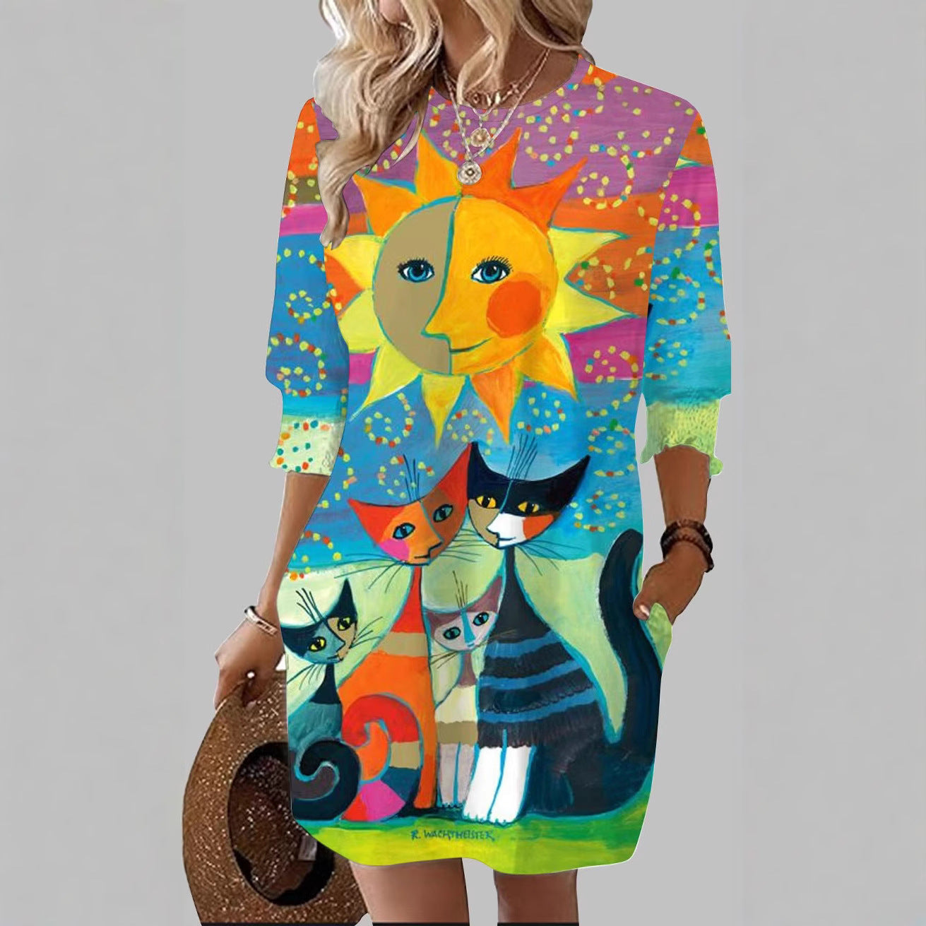 Women's Color Round Neck Loose Middle Sleeve Dresses