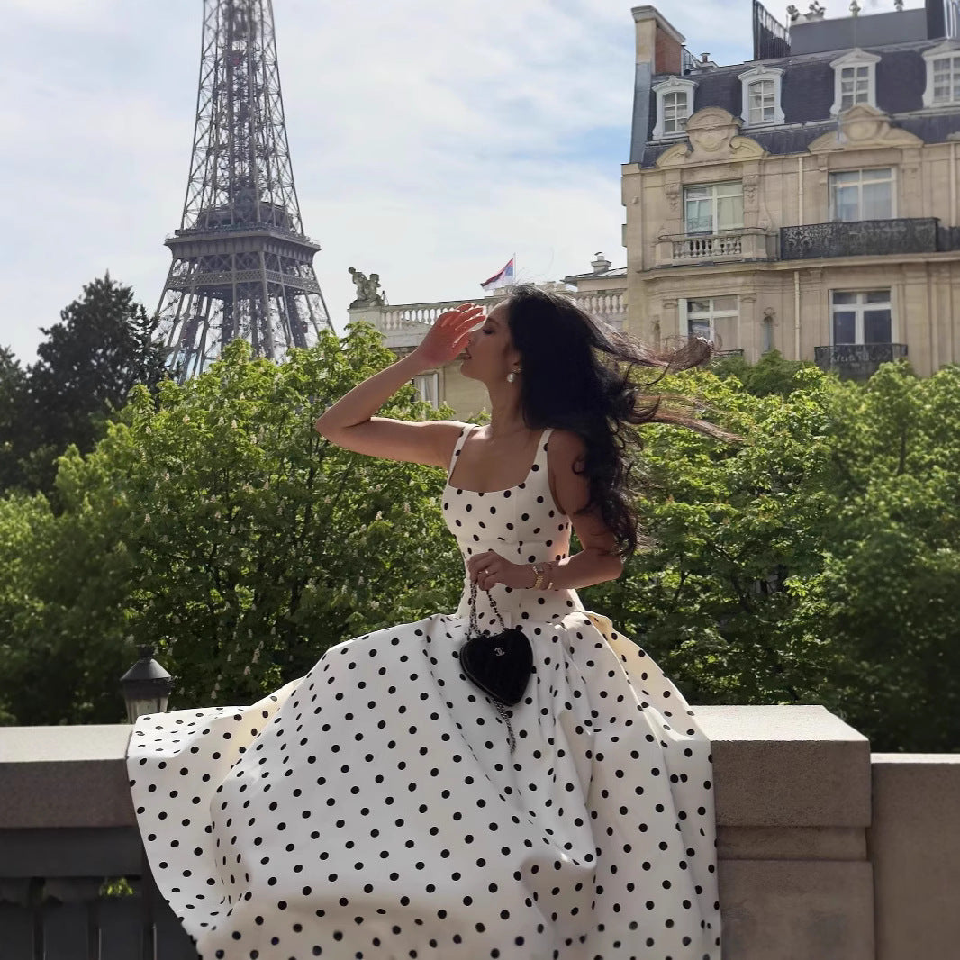 Temperament Polka-dot Cinched Pleated Large Swing Dresses