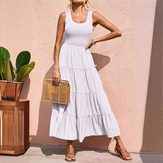 Women's Spring Suspender Pleating Stitching A- Line Large Dresses