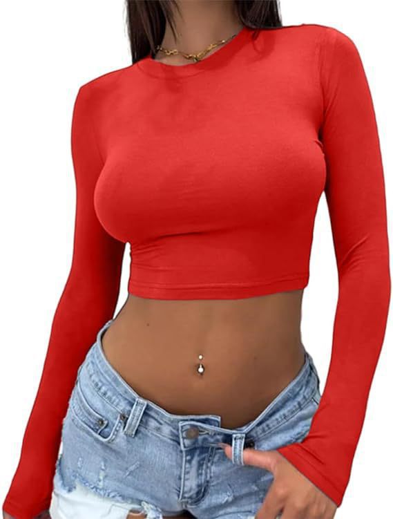 Women's Sexy Hot Solid Color Round Neck Slim Long Blouses