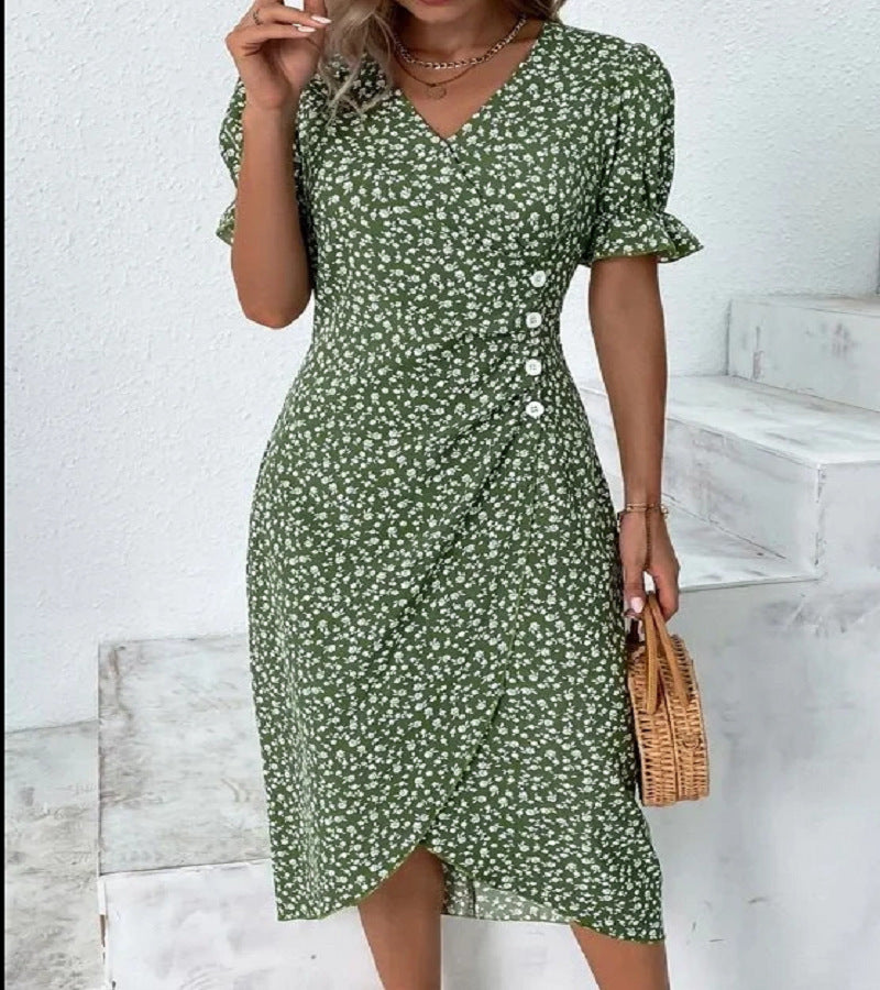 Women's Collar Floral Hem Irregular Pattern Print Dress