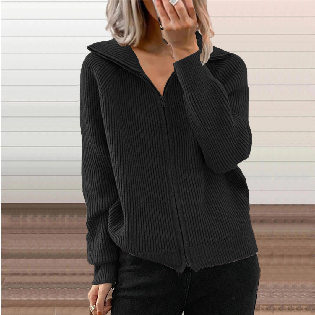 Women's Striped Casual Loose Zipper Long Sleeve Sweater