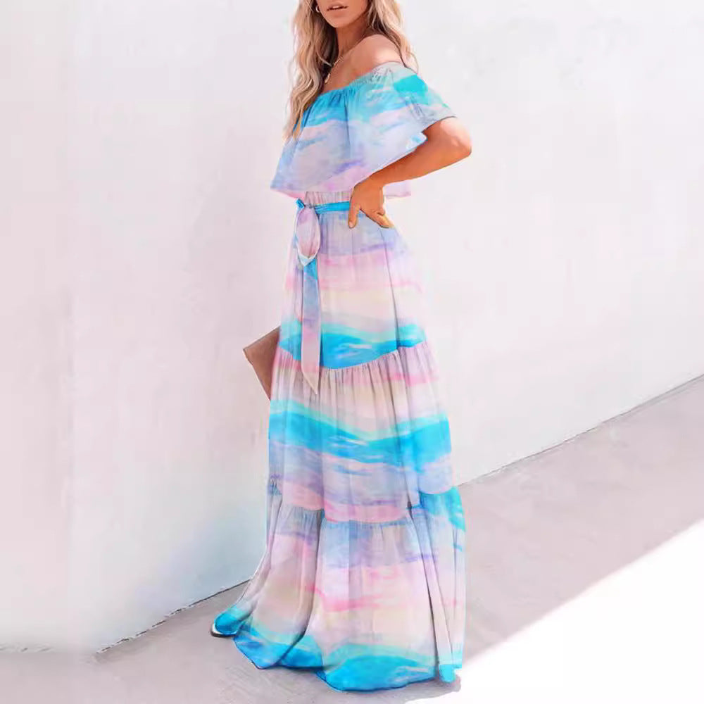 Women's Wrapped Chest Print Gradient Color Large Dresses