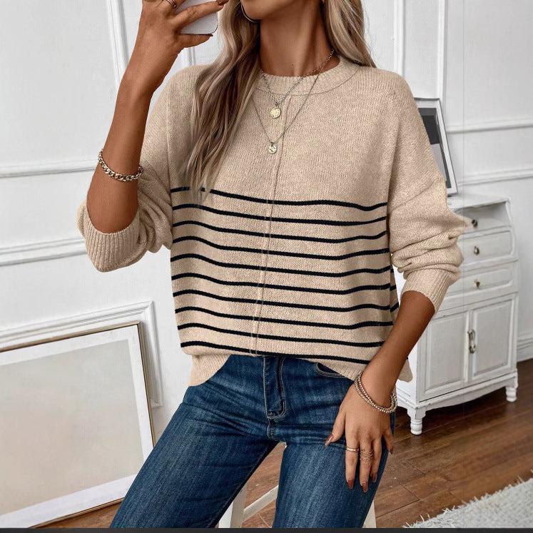 Women's Classic Versatile Loose Thick Quality Striped Round Sweaters
