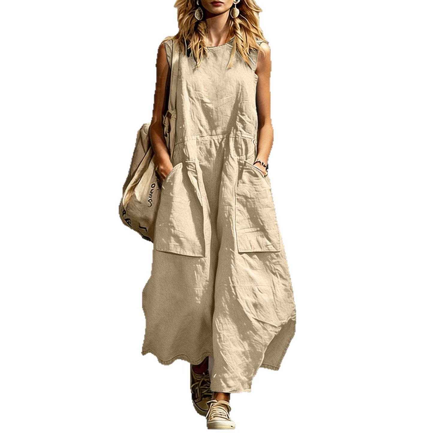 Women's Color Washed Wrinkle Sleeveless Double Pocket Dress