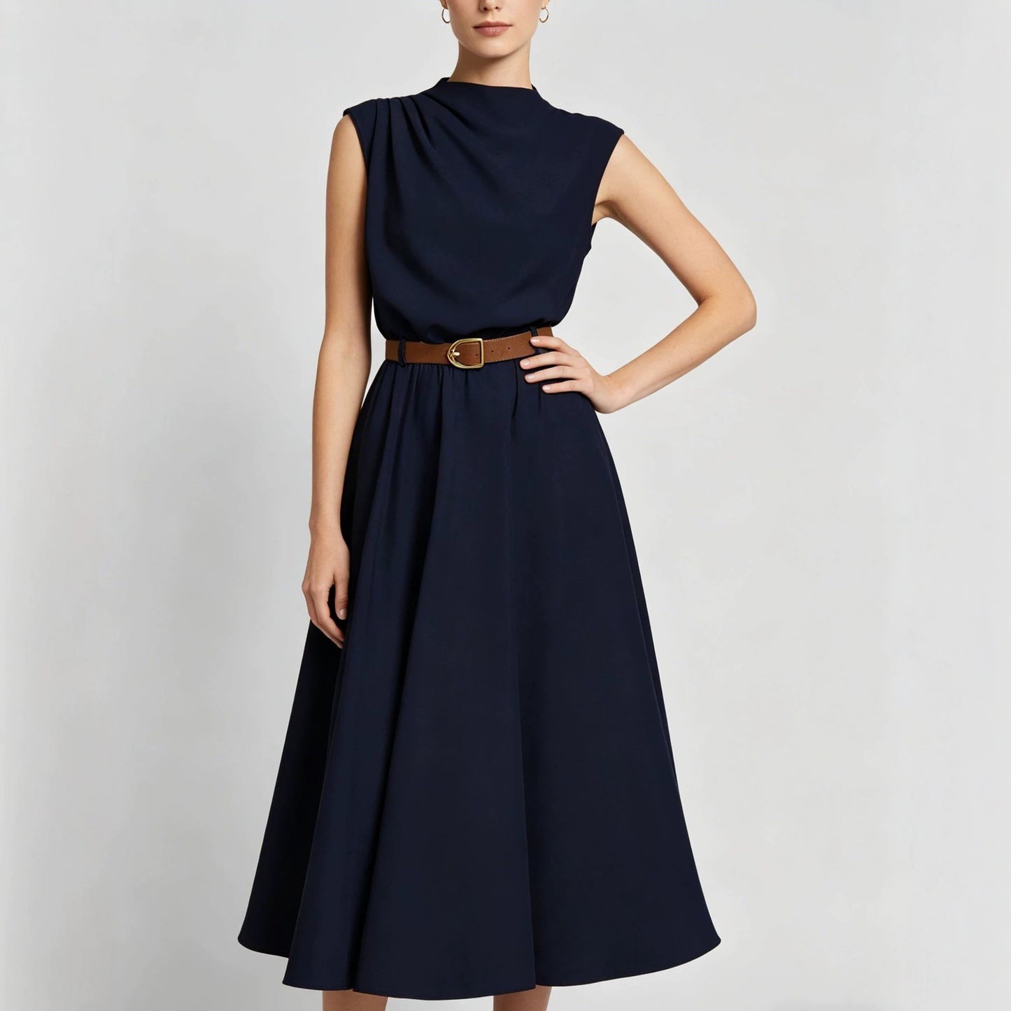 Summer Turtleneck Sleeveless Single Side Pleating With Dress