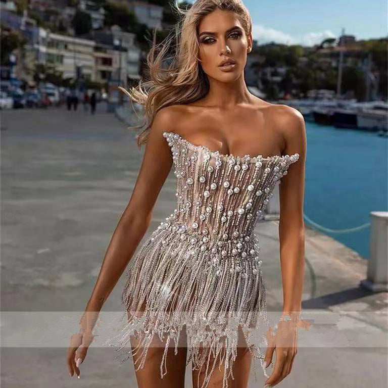 Women's Dance Tassel Pearl Strip Mini Cocktail Dresses