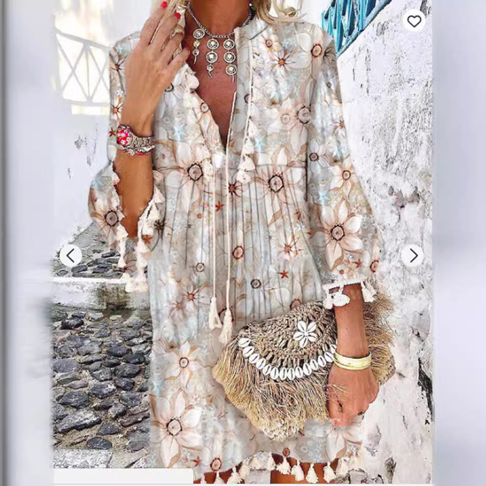 Printed Pink Turtleneck Temperament Commute Tassel Dress