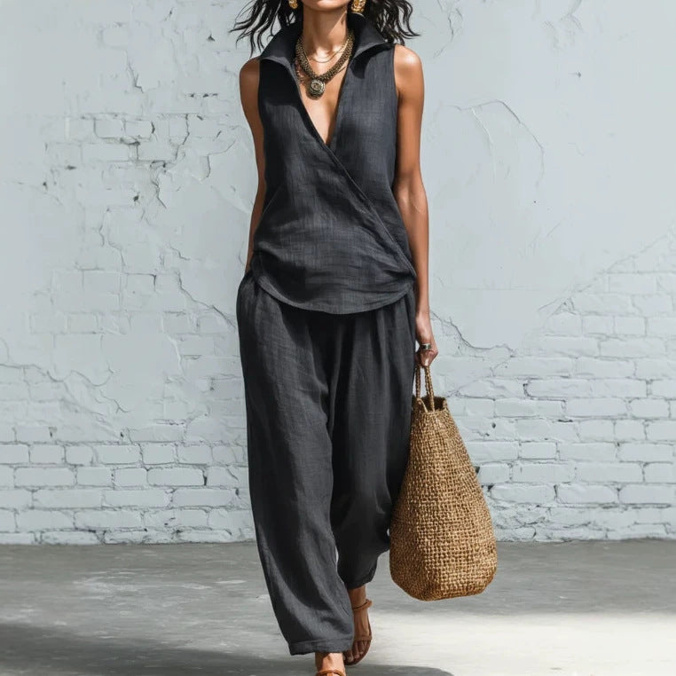 Women's Simple Lapel Shirt Wide Leg Linen Two-piece Fashion Casual Suit