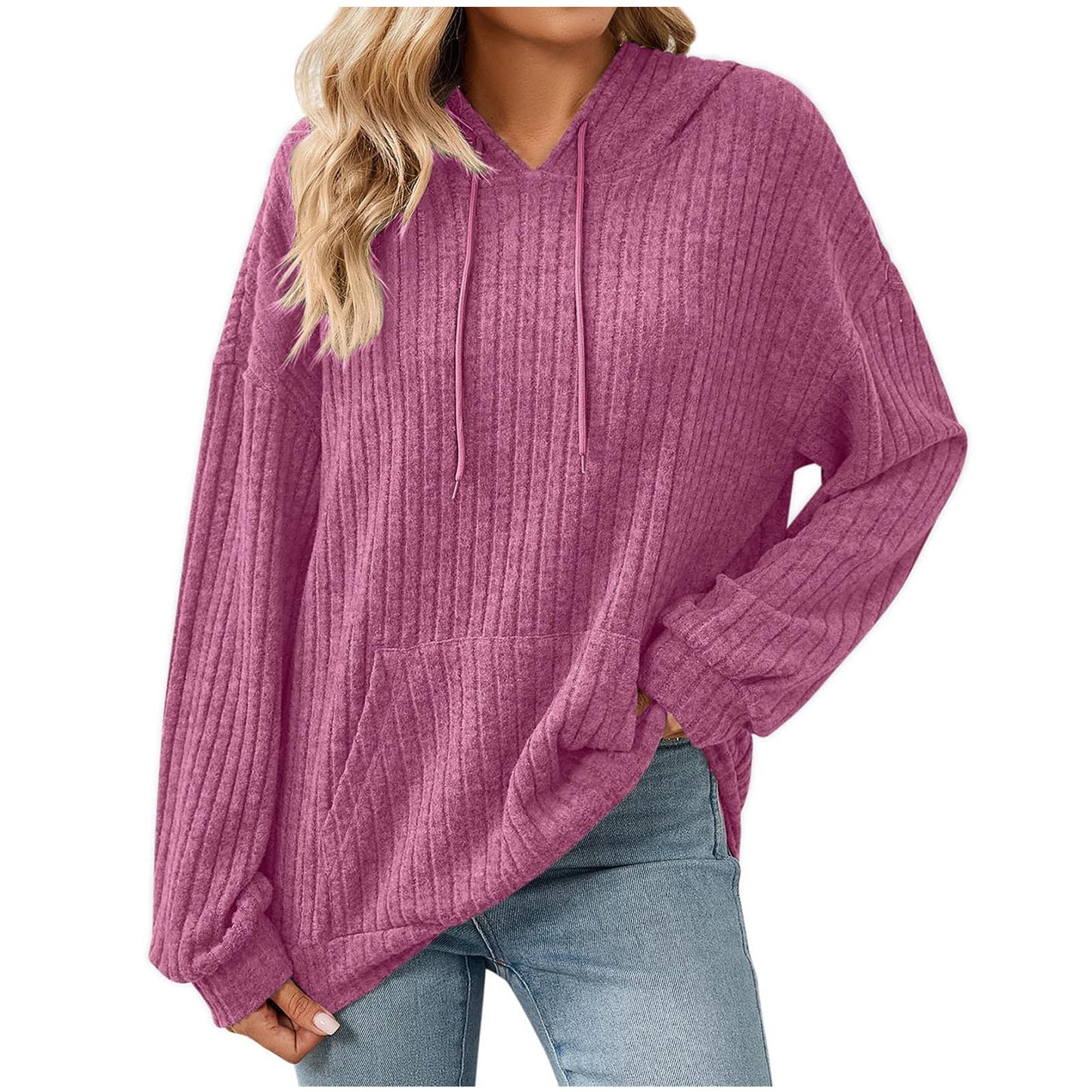 Women's Color Long Sleeve Hooded Sunken Stripe Women's Sweater, Sweater