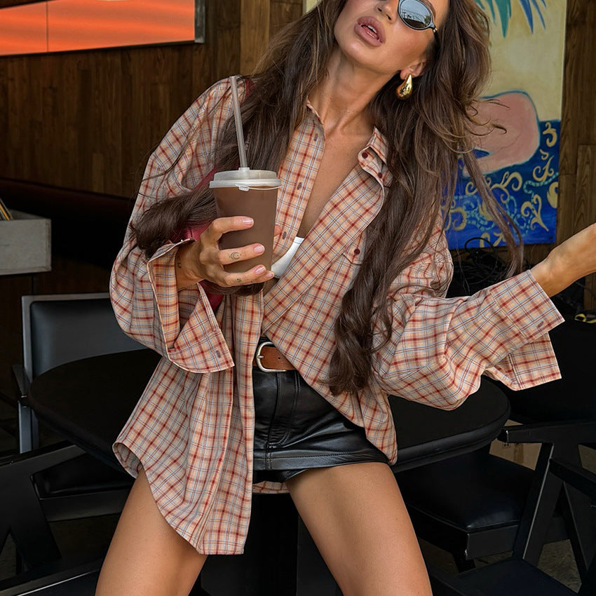 Retro Plaid Long Sleeve Design Sense Blouses