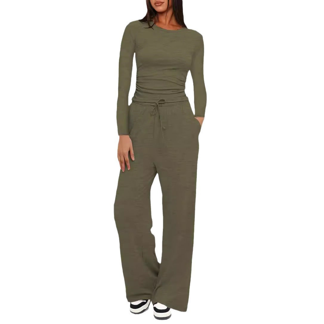 Solid Color Long Sleeves Outfit High Waist Wide Leg Tops