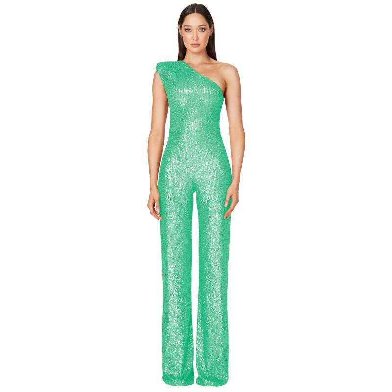 Women's Fashion Sleeveless One Shoulder Backless Sequined Jumpsuits