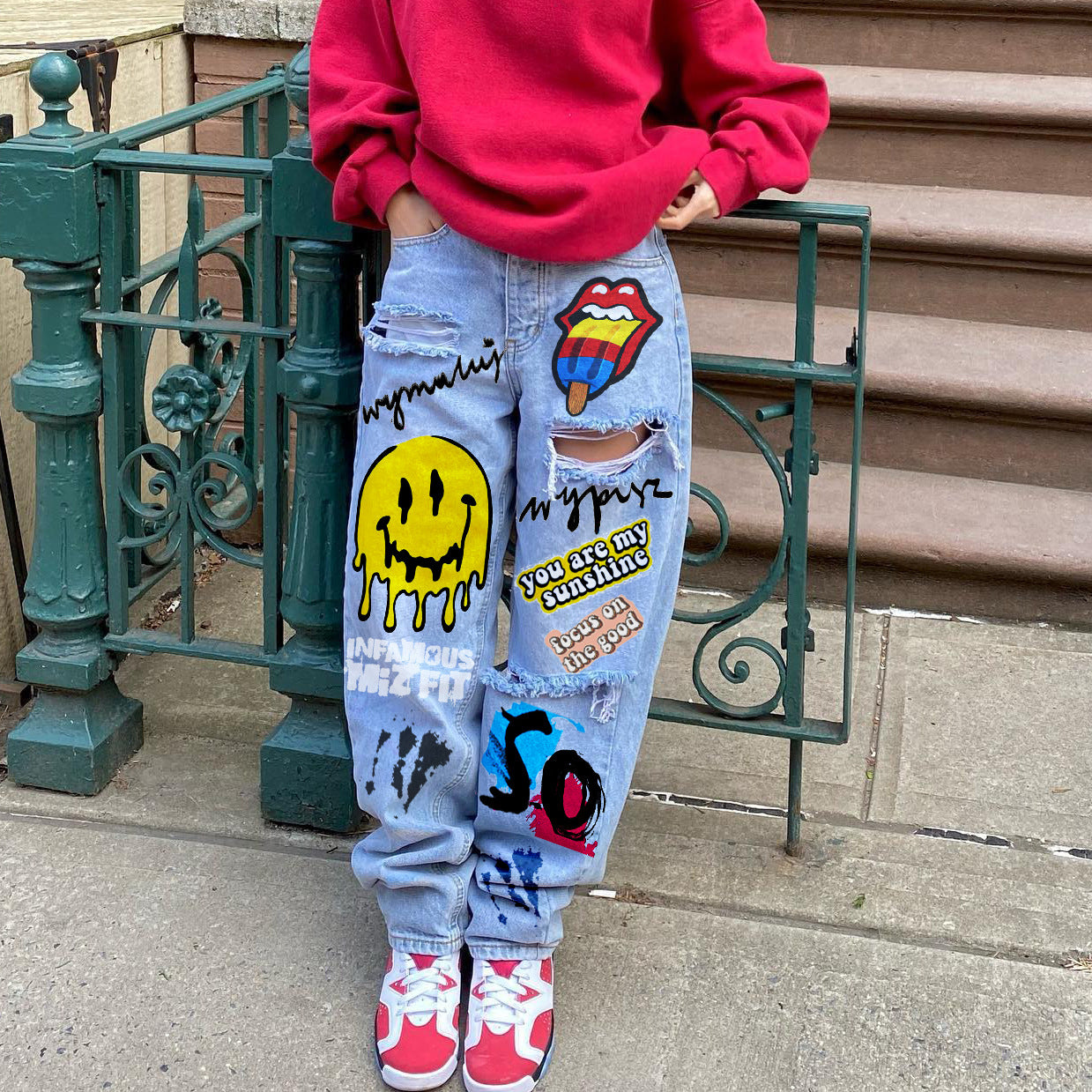 Women's Smiley Printed Ripped Street Skateboarding Style Jeans