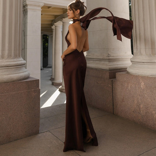 Summer Fashion Sexy Satin Backless Solid Dresses