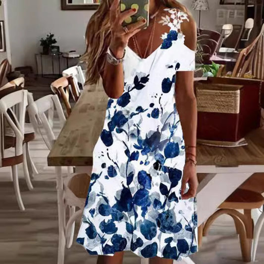 Women's Summer Lace Ruffled Sleeves Printed Dress Dresses
