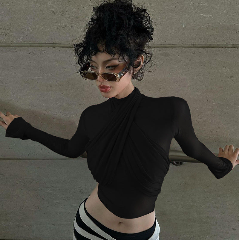Women's Fashion Sexy Tight Long Sleeve Tied Stitching Blouses
