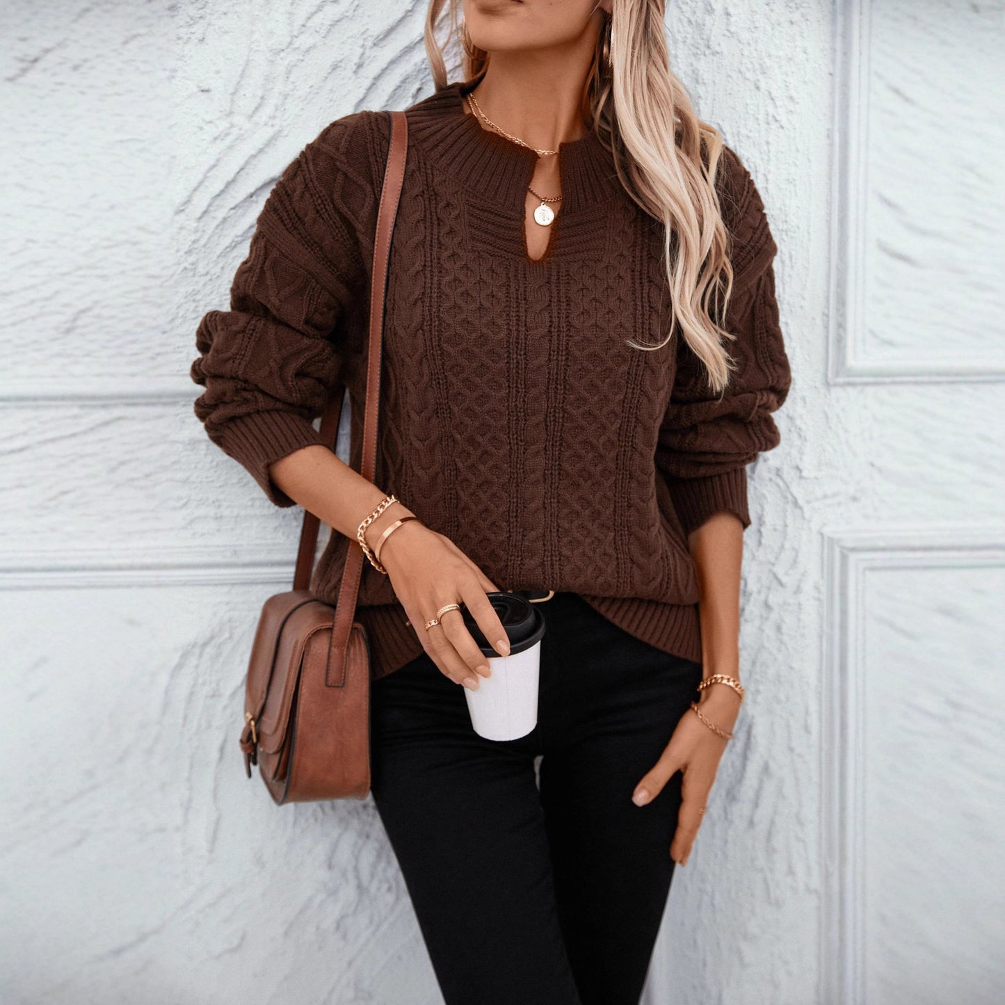 Women's Solid Color Twisted Pullover Collar Retro Loose Long Sweater