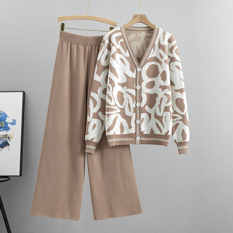 Women's Leopard Knitted Loose Wide Leg For Fashion Casual Suit