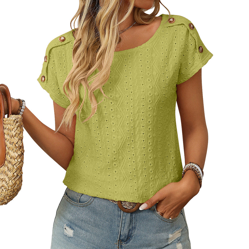 Women's Solid Color Round Neck Button Short-sleeved Blouses