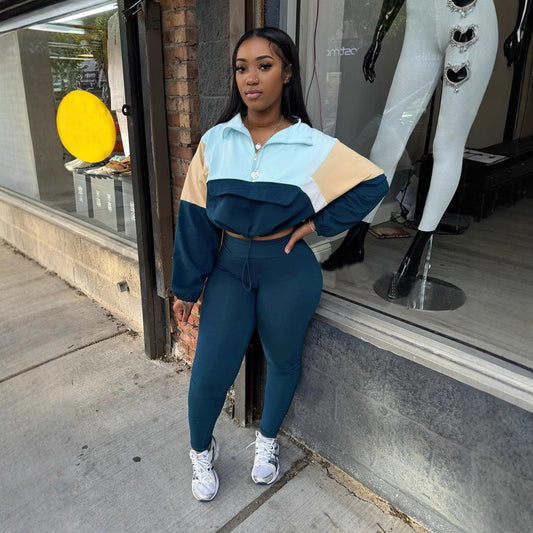 Contrast Color Zipper Multicolor Hoodie Tights Sports Suits