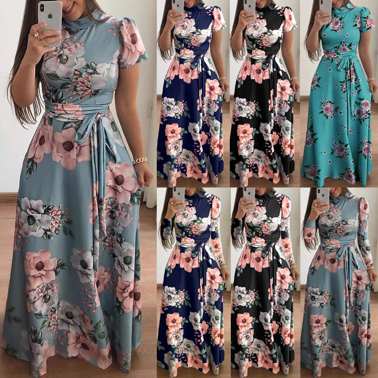 Women's Autumn Flower Print Sleeve Large Swing Dress