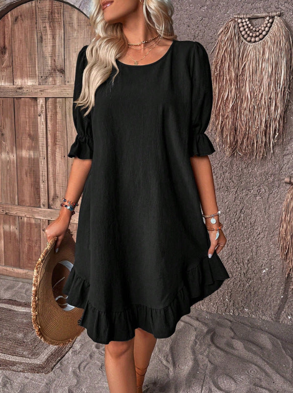 Women's Cotton Linen Half Sleeve Round Neck Solid Color Loose Big Dress
