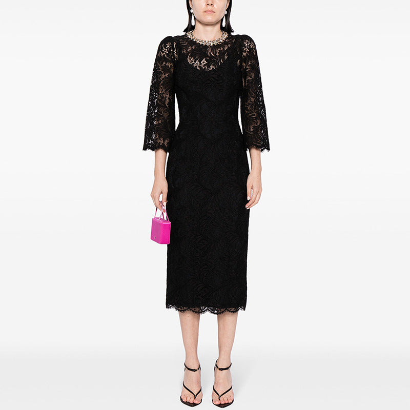 Fashion Bead Long-sleeved Water-soluble Lace Dress Dresses