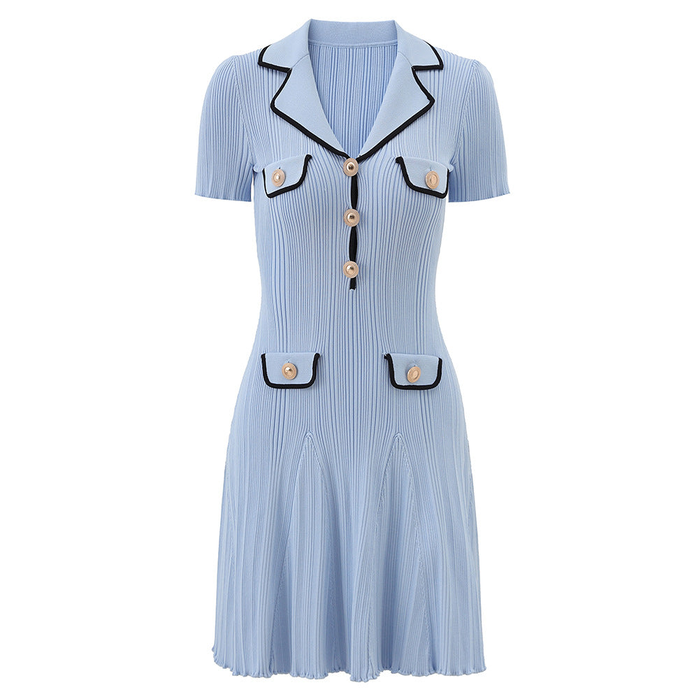 Women's Style Elegant Lapel Short-sleeved Knitted Dress Early Spring Temperament Dresses