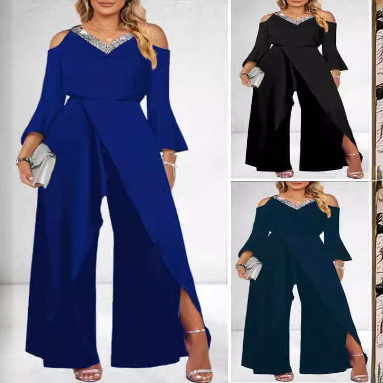 Women's Split Sequined Solid Color Collar Basic Business Elegant Wide Leg Fashion Casual Suit