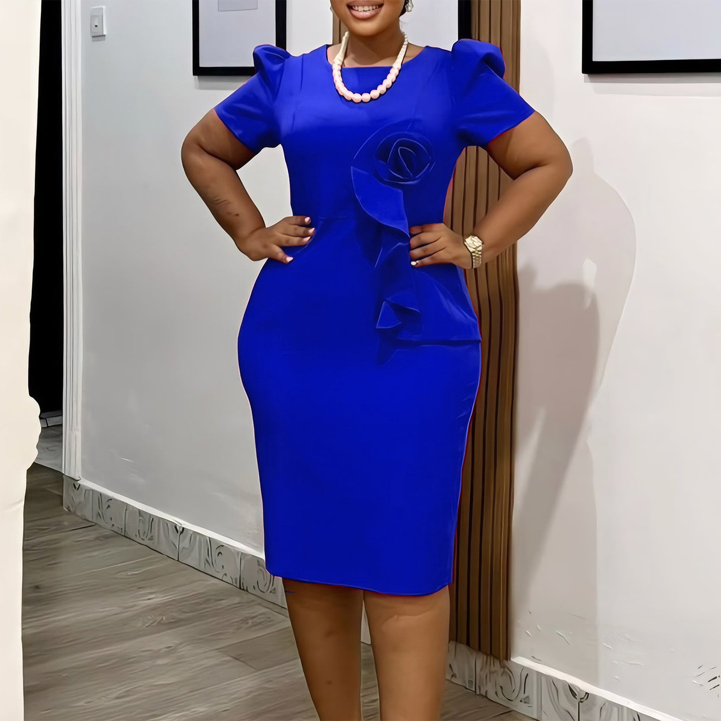 Women's Fashion Elegant Sheath Ol Ruffles Solid Color Sleeve Dress