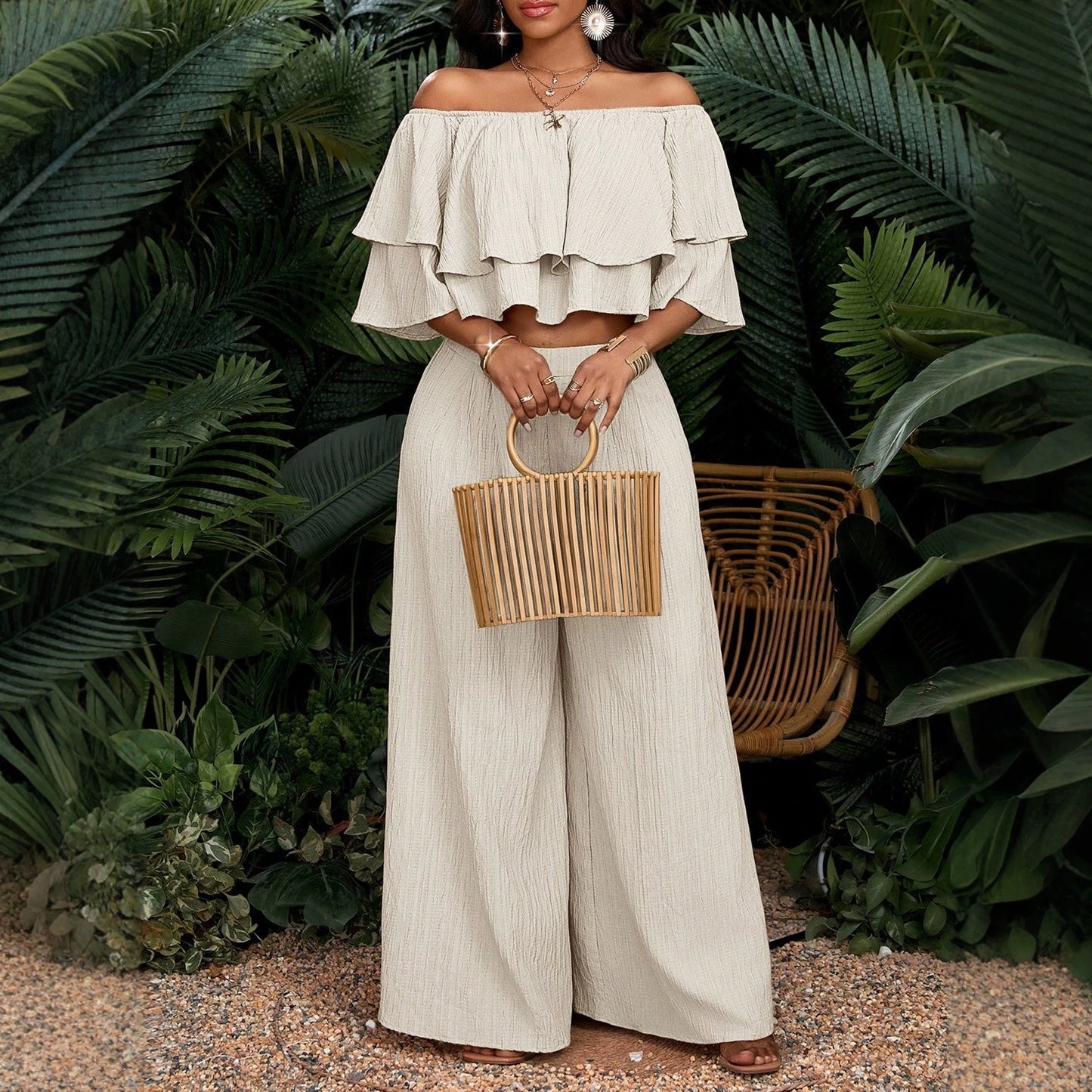 Ruffled High Waist Wide Leg Two-piece Shorts