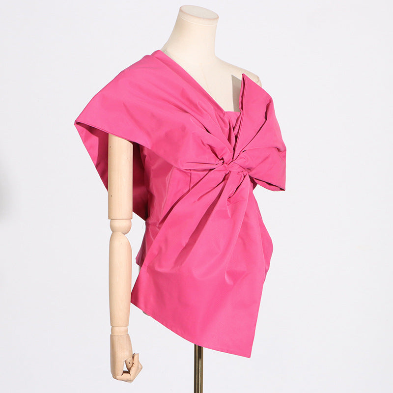 Women's Temperament Pure Color Asymmetric Collar Bow Tops
